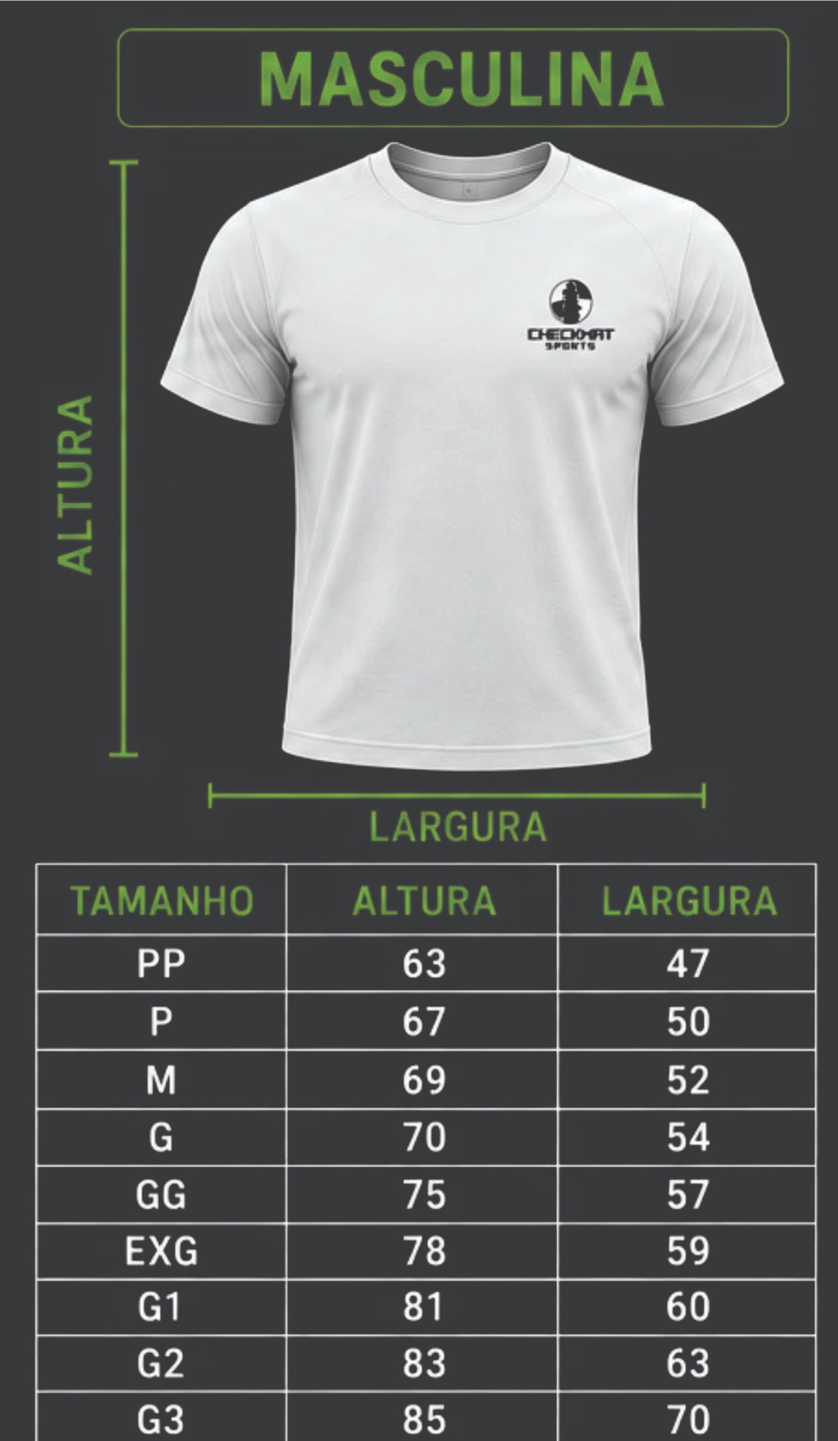 Tabela de medidas da camiseta masculina com altura e largura por tamanho